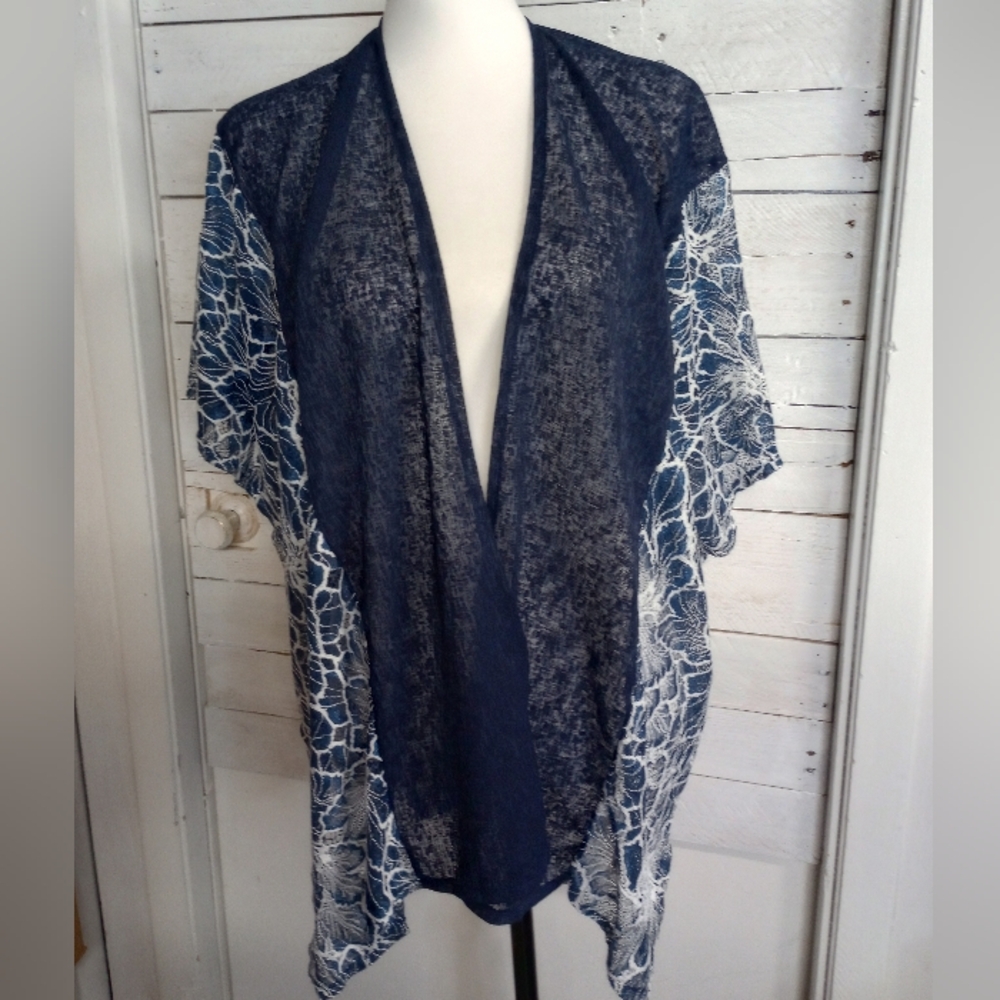 Skyline Collection Open Front Cardigan Kimono Kaftan Navy Blue White One Size *